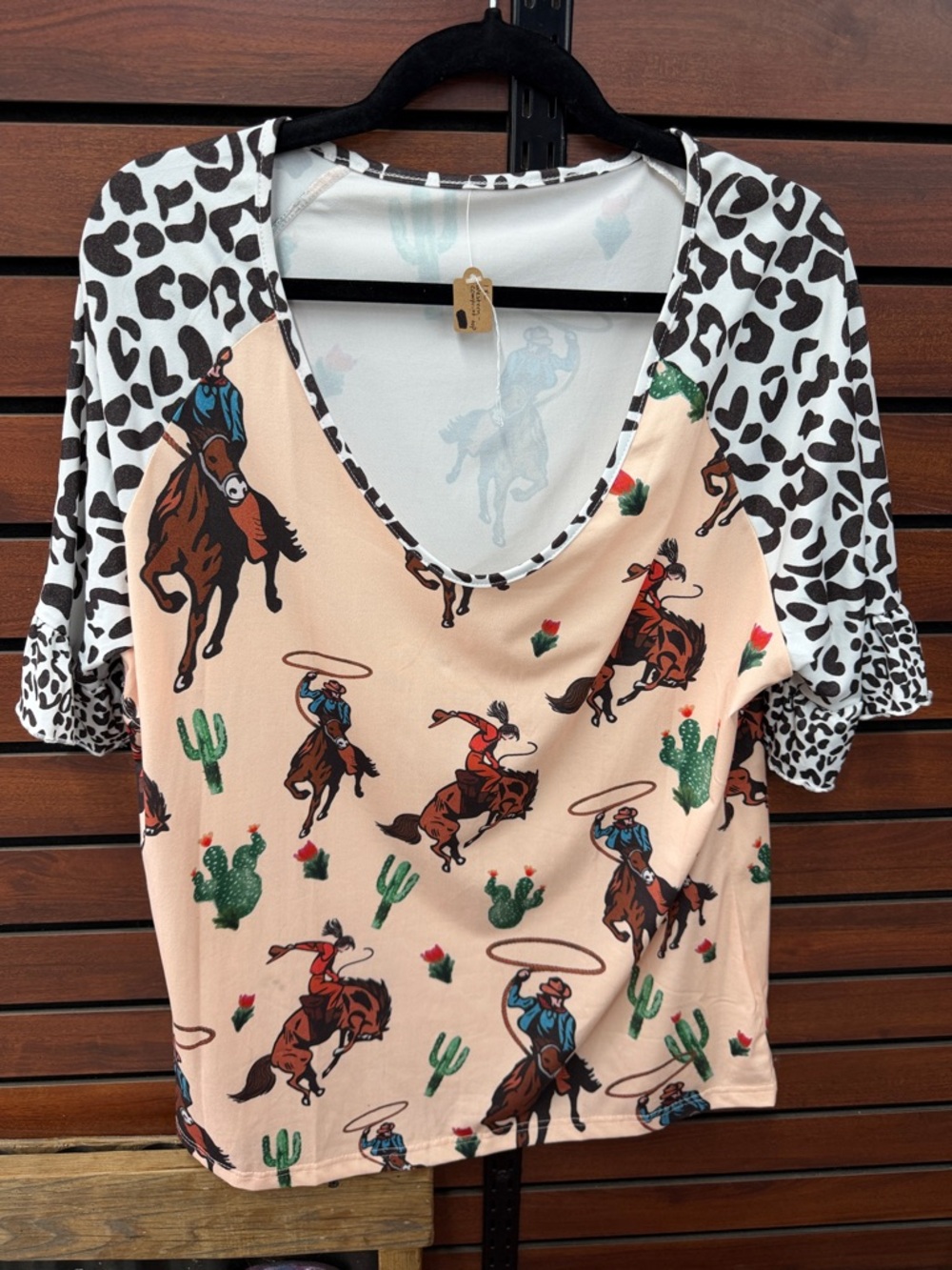 Cowboy Rodeo Print V-Neck Top with Animal Print Sleeves